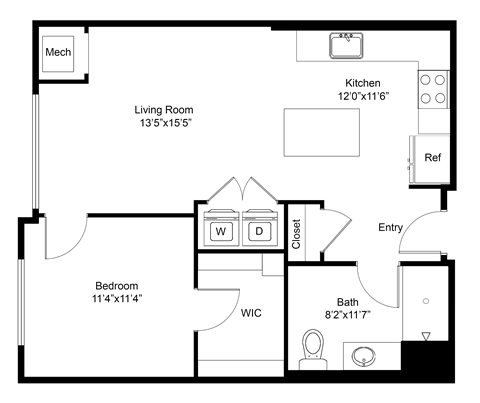 Floor plan for 1 bed, 1 bath, 725 sqft